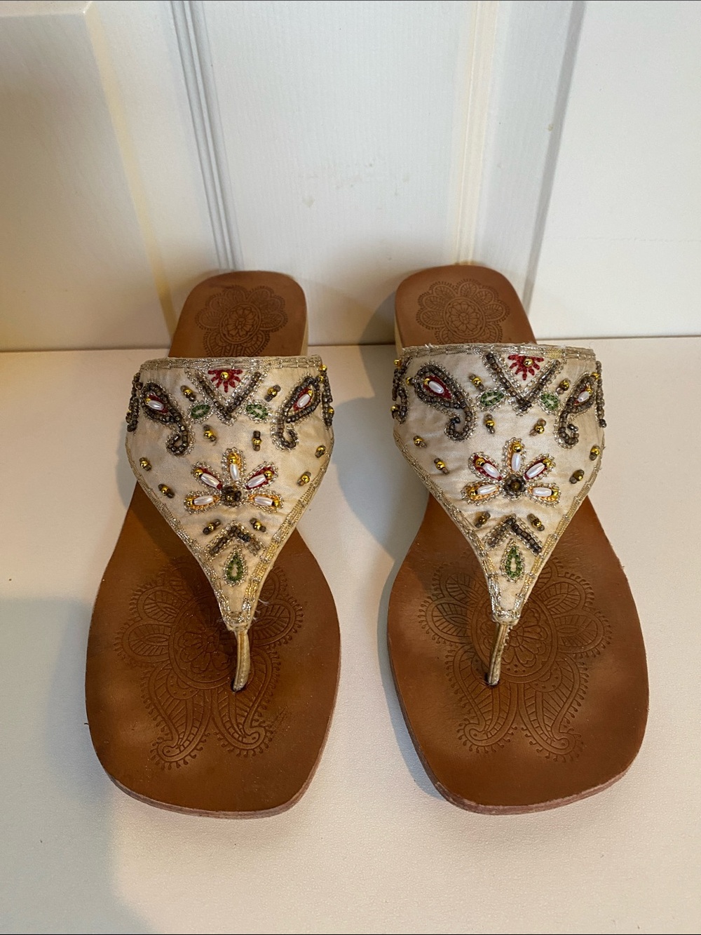 Nine West Cream Beaded Thong Sandals with Multicolor Accents